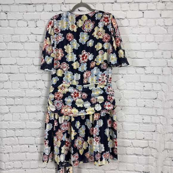 Tanya Taylor Brynn Floral Mini Wrap Dress Womens 18 Navy Floral Flutter Sleeves - Picture 14 of 16